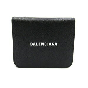 Balenciaga Cash Compact Wallet Tri fold Calfskin Leather Black